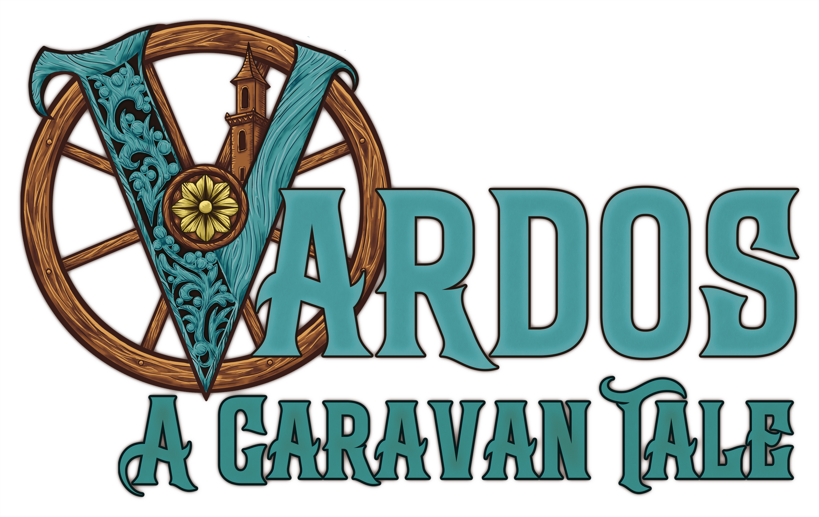 Vardos: A Caravan Tale The logo for Vardos: A Caravan Tale, which features a wagon wheel and ornately carved & painted wooden V